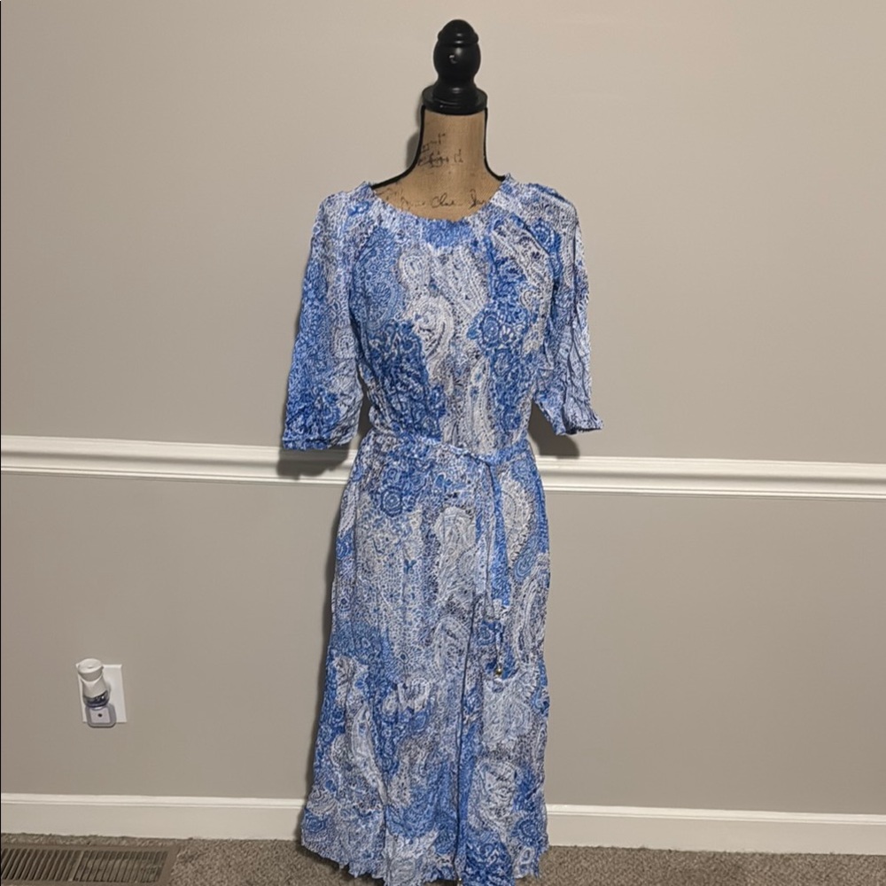 Melissa Odabash Blue and White Sheath Dress with Puff Sleeves size small